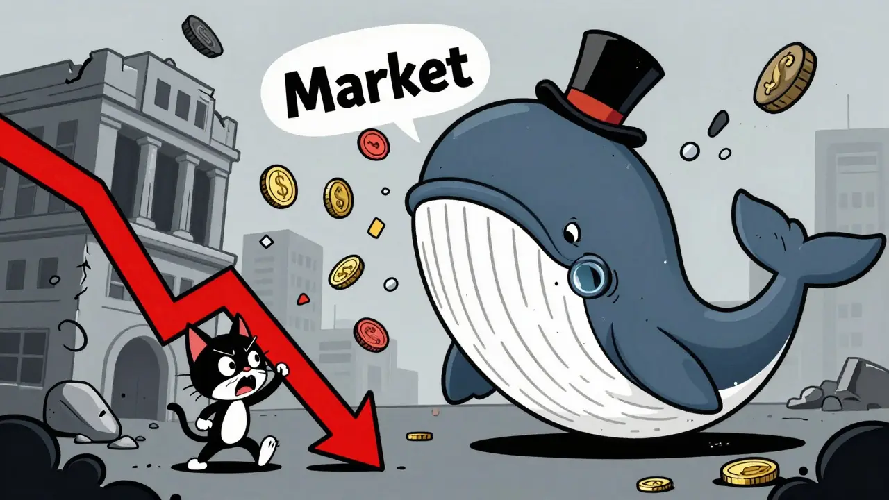 Whale character dropping coins while a tiny bat-cat watches a crashing price chart