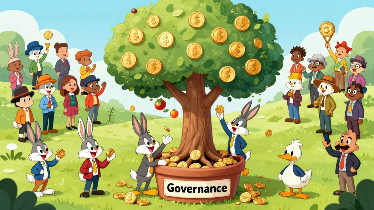Whimsical garden scene with animals staking and governing crypto tokens.