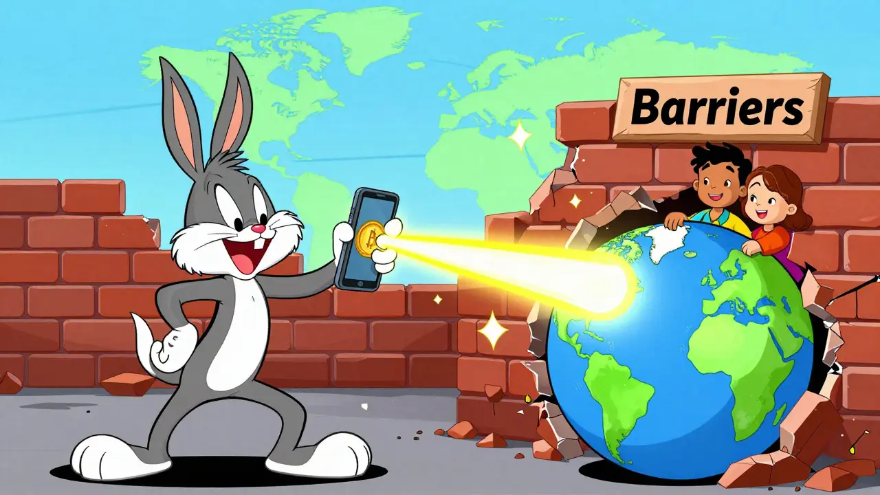 Animated character sending crypto instantly across borders via smartphone