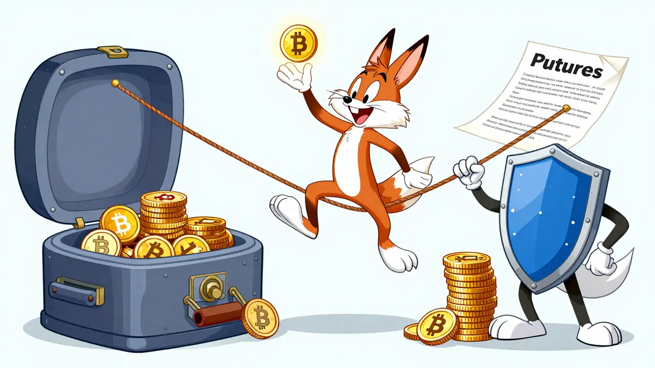 Animated fox juggling bitcoin while balancing on financial derivative tools