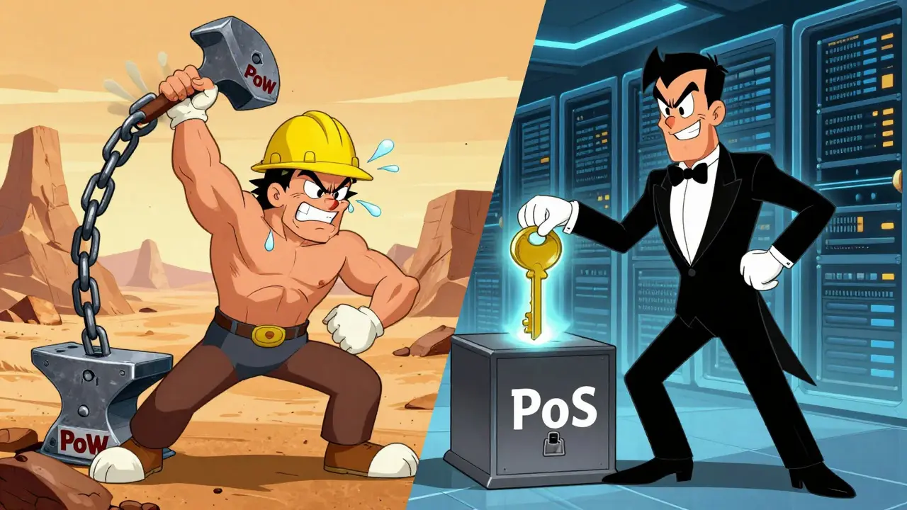 Animated miner vs validator comparing PoW and PoS blockchain methods