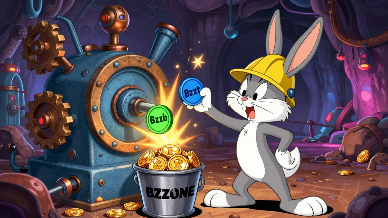 Animated rabbit mining Bzzone tokens using Bzzt and Bzzb