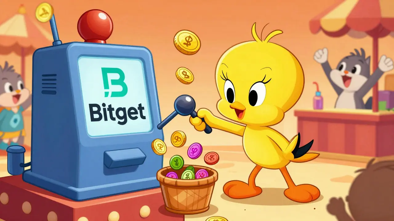 Cartoon bird playing an exchange game to win crypto tokens