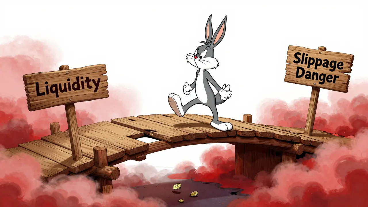 Cartoon character crossing a fragile liquidity bridge with danger signs