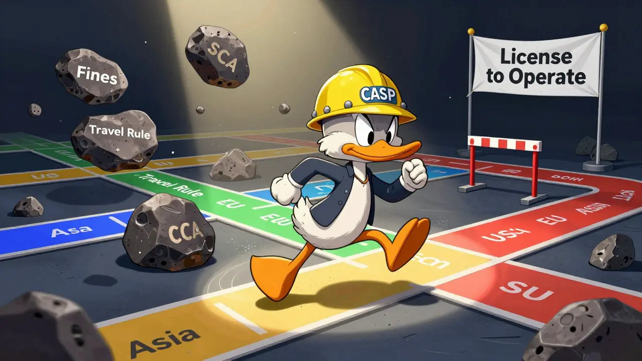 Cartoon character navigating an obstacle course of global crypto compliance rules
