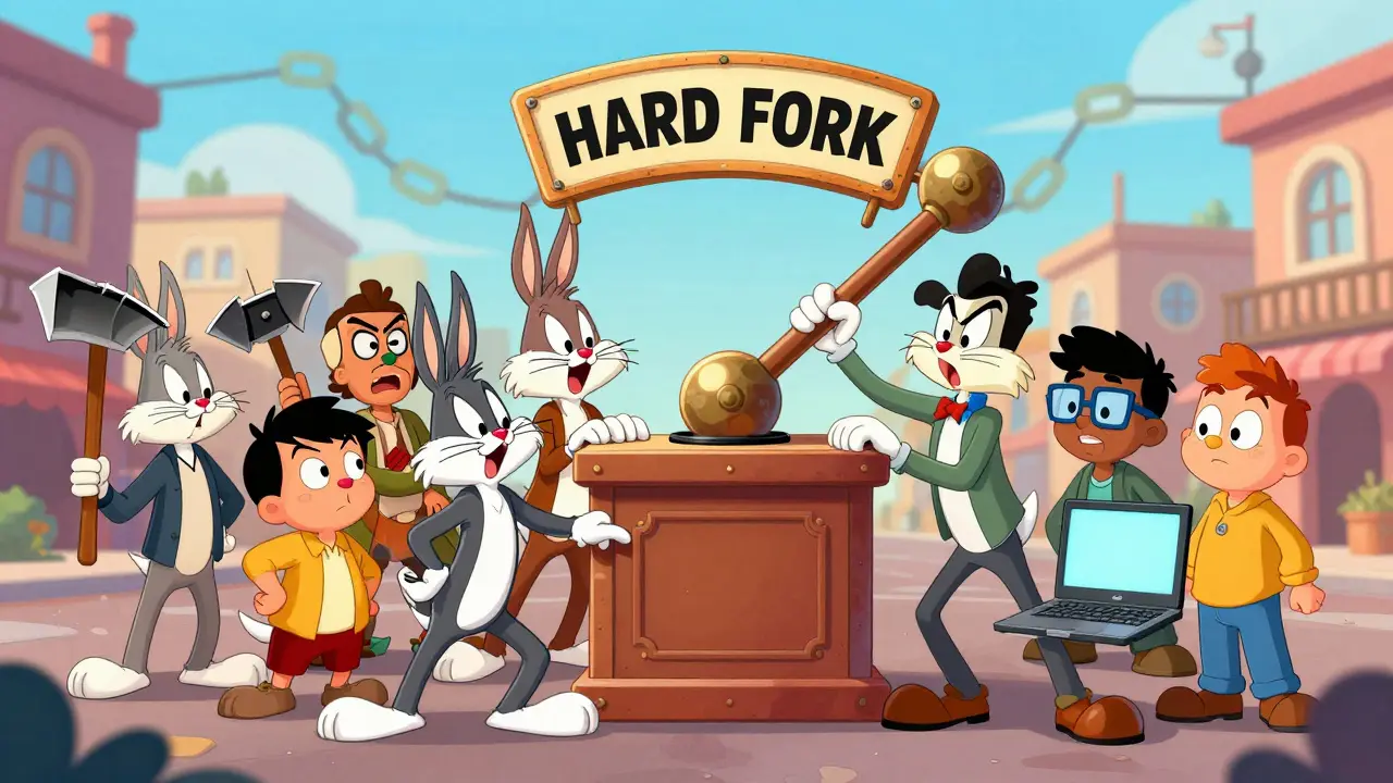 Cartoon characters struggling to agree on a Bitcoin hard fork lever