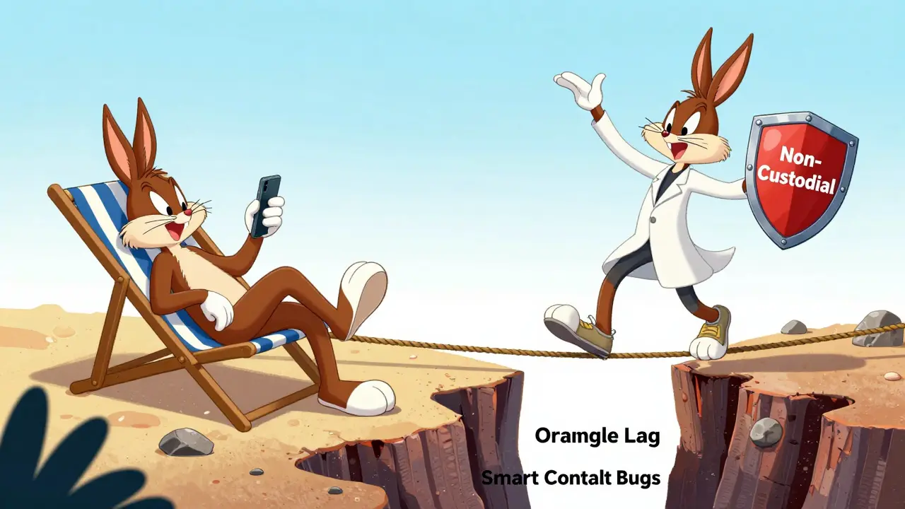 Cartoon contrast: easy app trading vs risky non-custodial DeFi tightrope walk.
