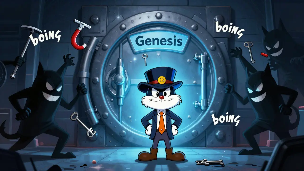 Cartoon detective guarding an indestructible blockchain genesis vault