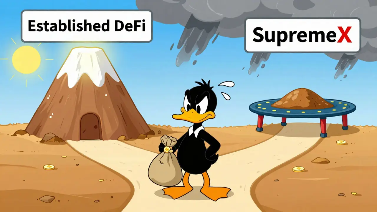 Cartoon duck weighing risks between stable and volatile crypto paths