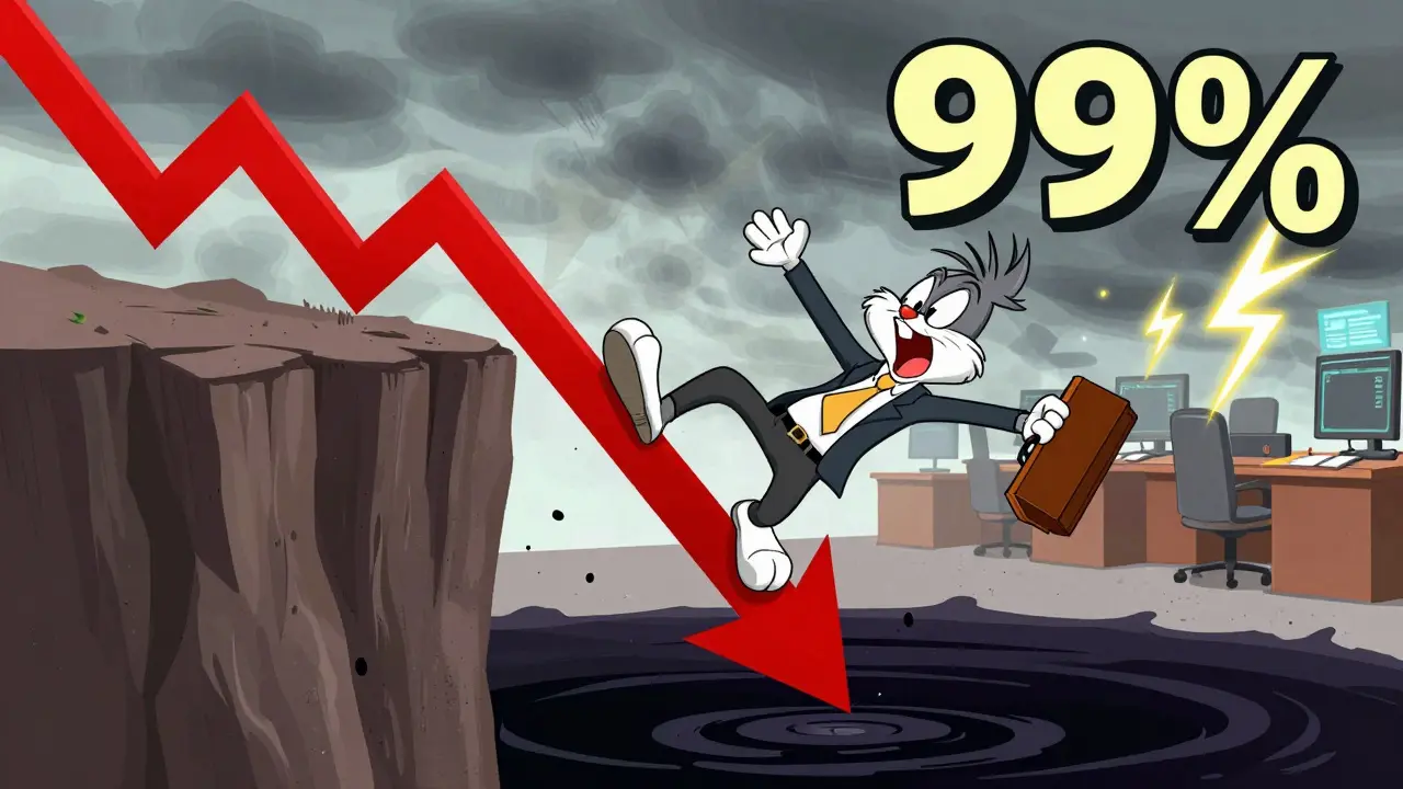 Cartoon investor sliding down a crashing stock chart cliff