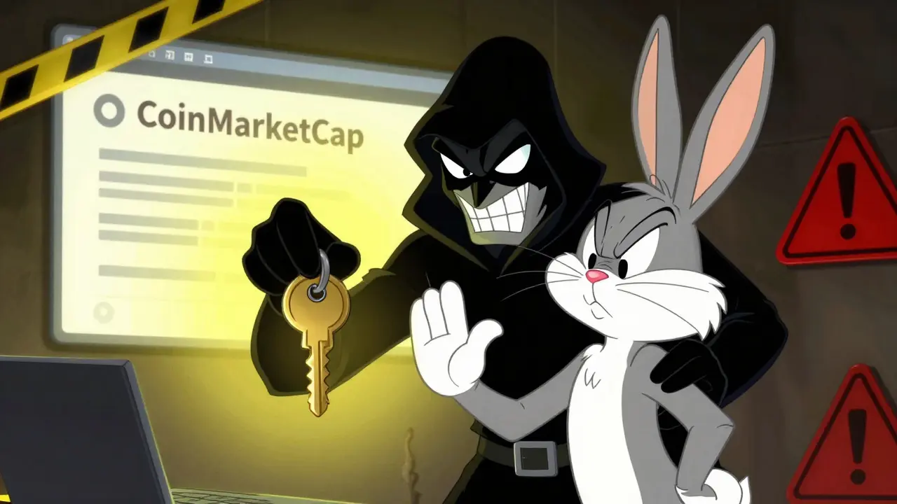 Cartoon rabbit refusing hacker's scam attempt with private key