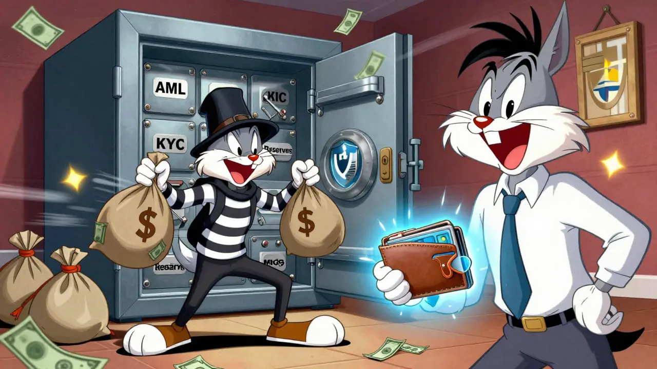 Cartoon safe protecting investor assets from a sneaky thief
