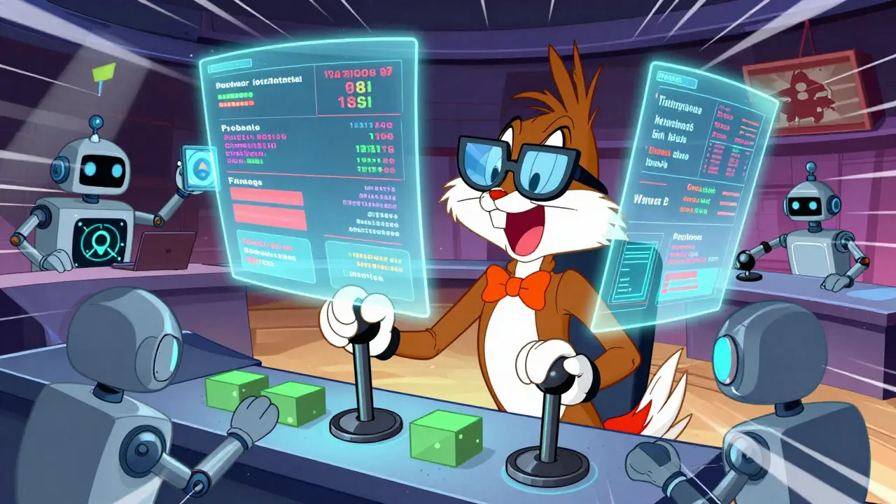 Cartoon traders operating complex derivative machinery in a Looney Tunes style.