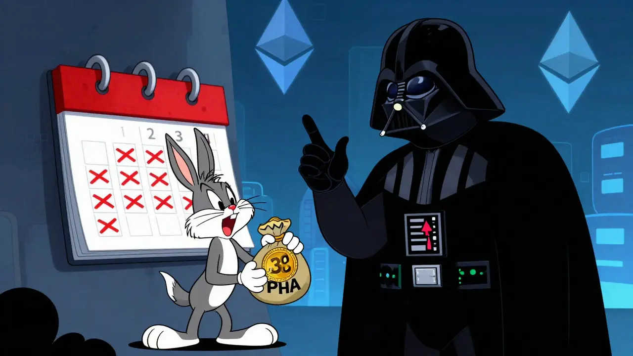 Cartoon user waiting impatiently for delayed crypto tokens from a dark figure.