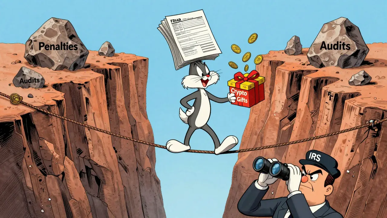 Character balancing tax forms on tightrope above penalty canyon
