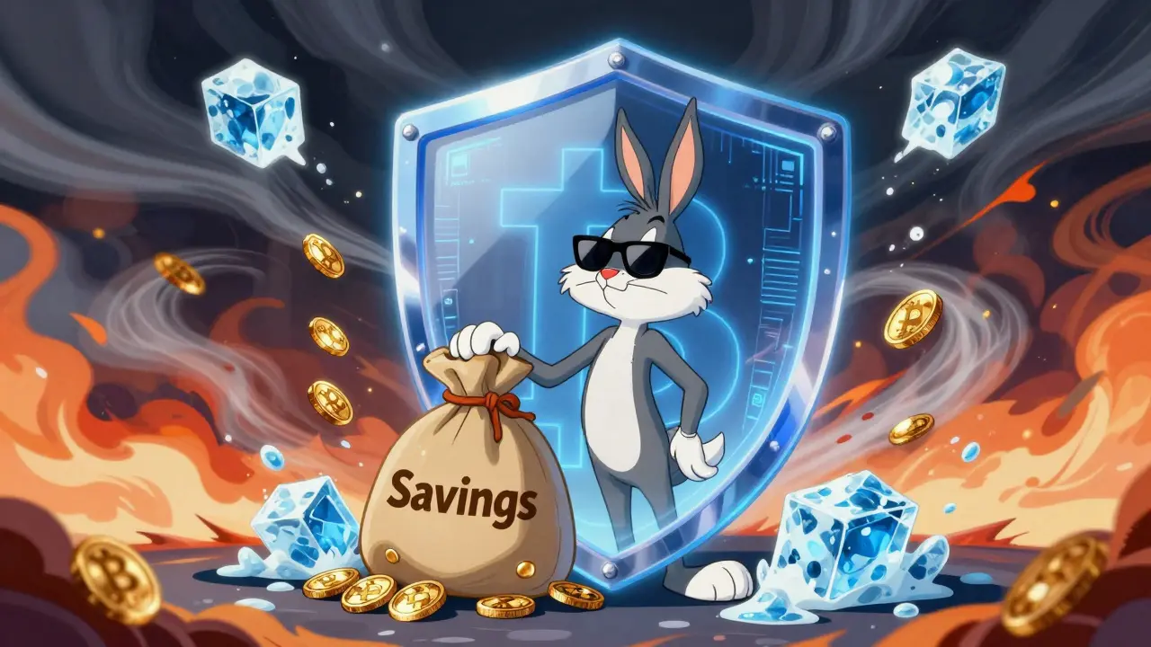 Character protecting savings from inflation with a digital crypto shield
