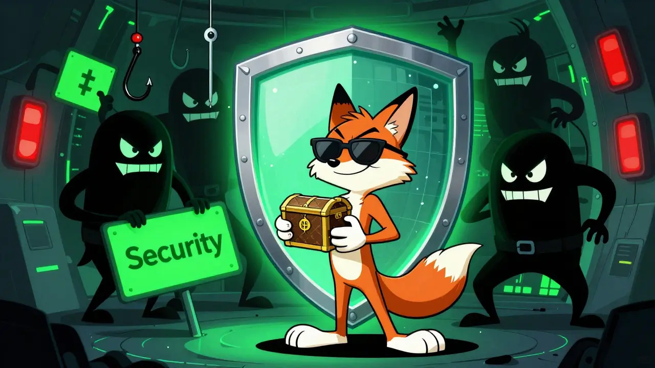 Clever cartoon fox protecting a hardware wallet from shadowy scam villains