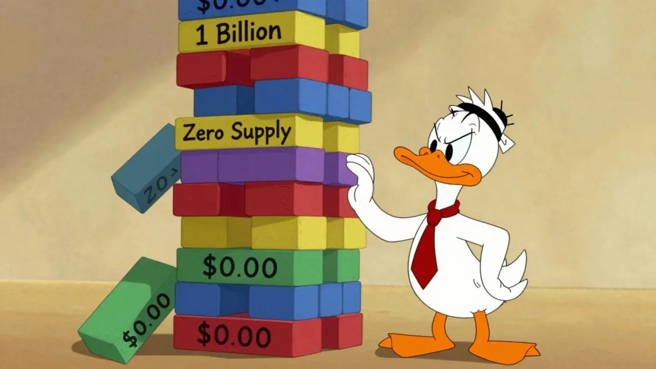 Confused cartoon duck facing a collapsing tower of mismatched data blocks