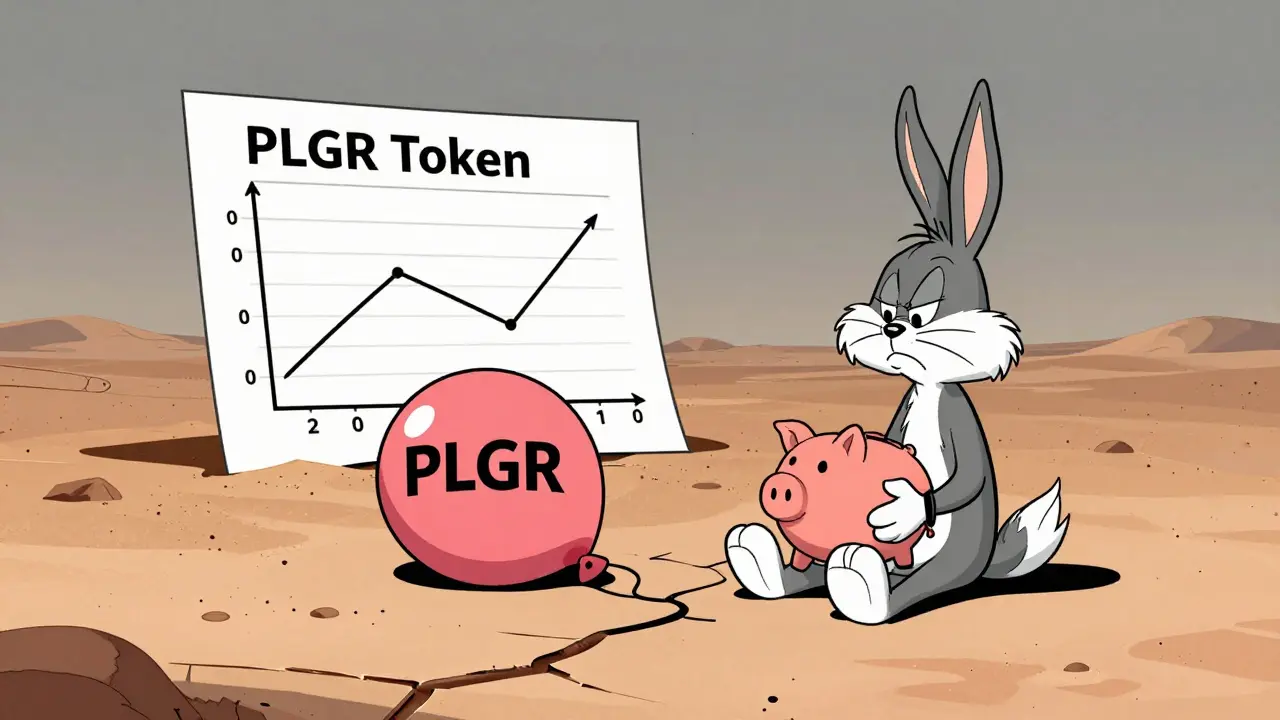 Deflated PLGR token balloon in a desert, symbolizing zero trading volume.