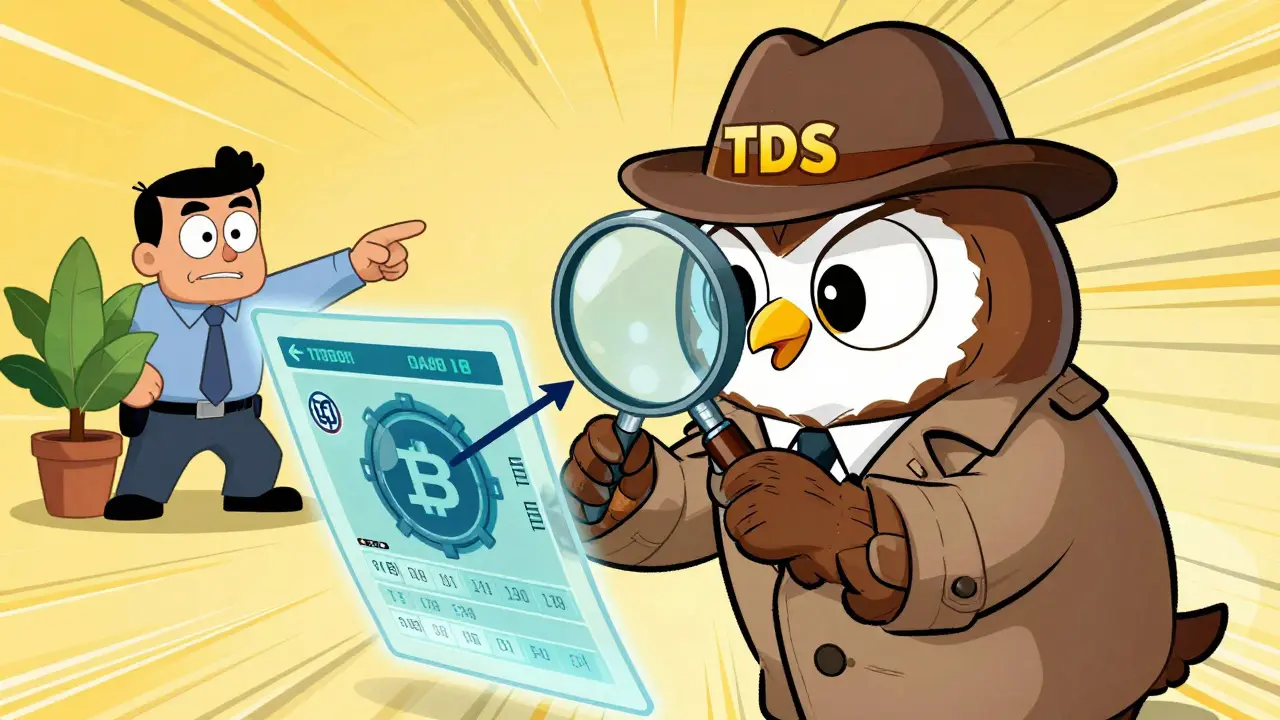 Detective owl scrutinizing crypto transactions on a digital ledger.