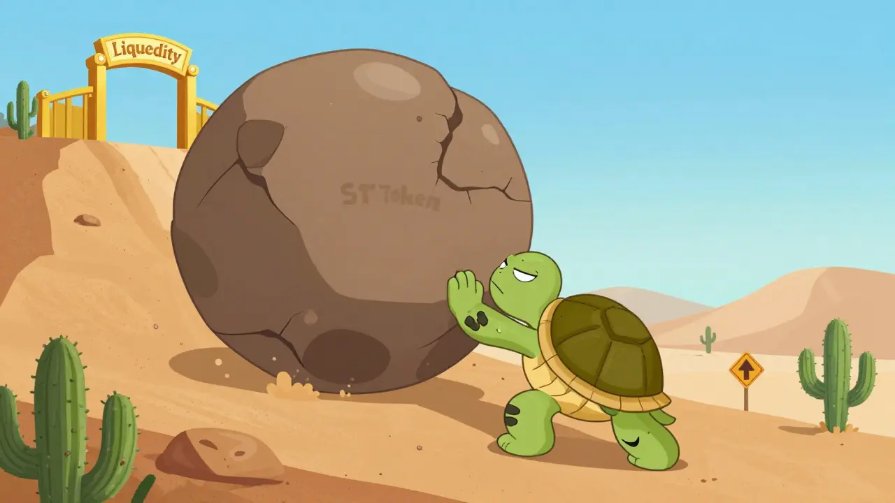 Exhausted cartoon turtle pushing a cracked boulder up a steep hill
