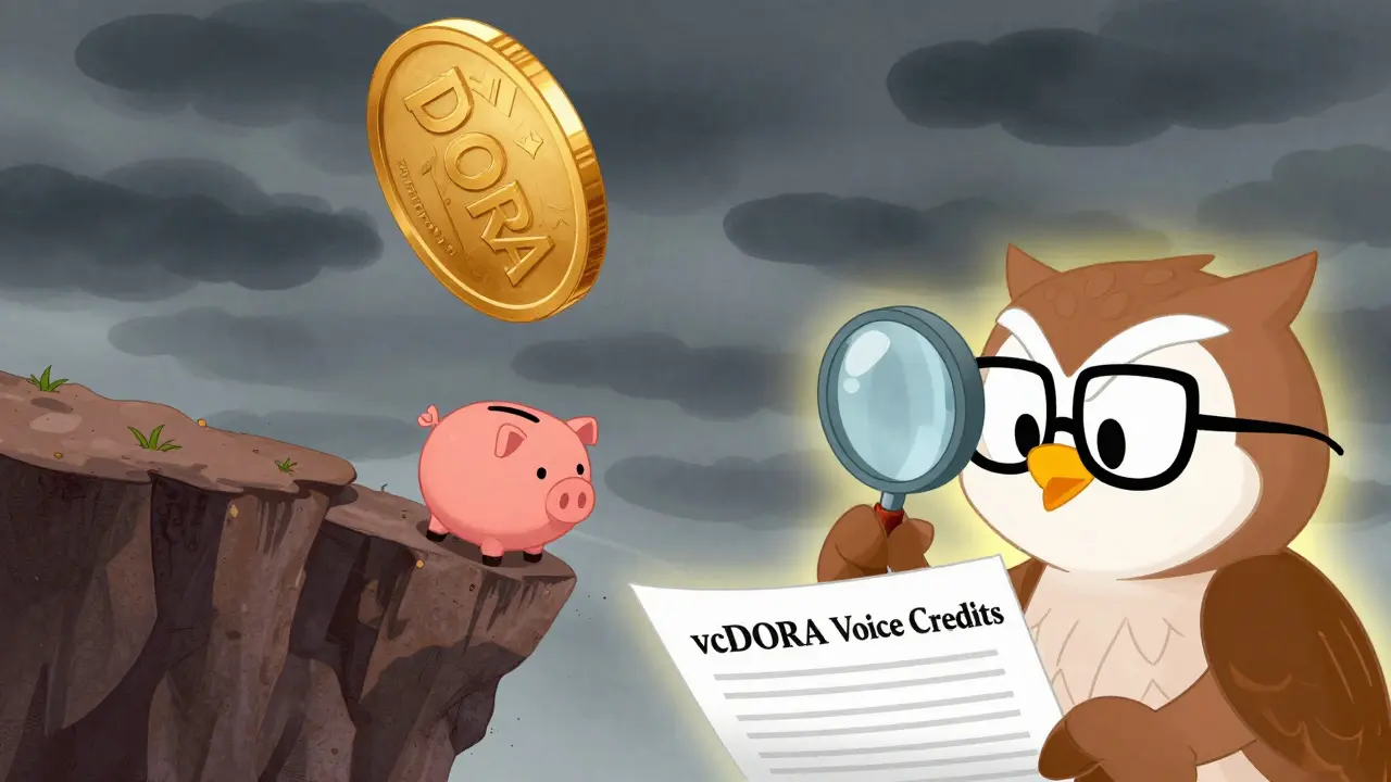 Falling DORA token coin and owl analyzing vcDORA credits in cartoon style.