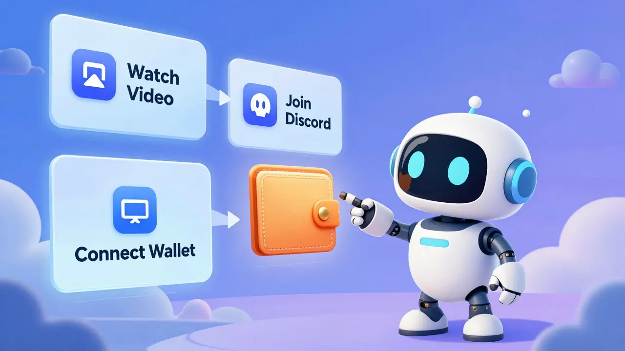 Friendly robot guiding user through crypto campaign tasks