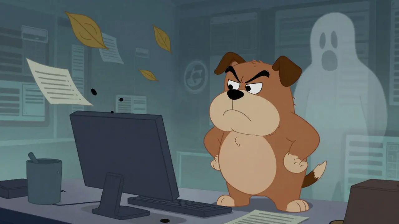 Frustrated cartoon character amid broken trading books and fading logo