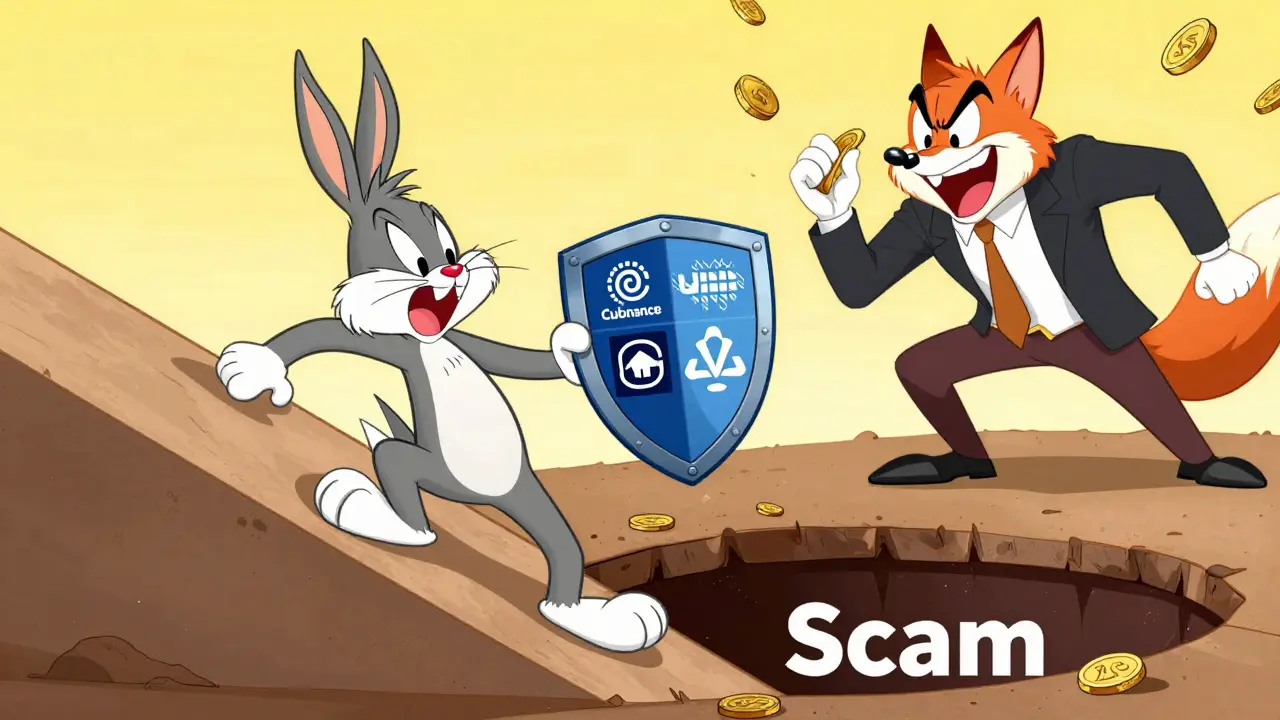 Heroic cartoon dog saving user from crypto scam pit