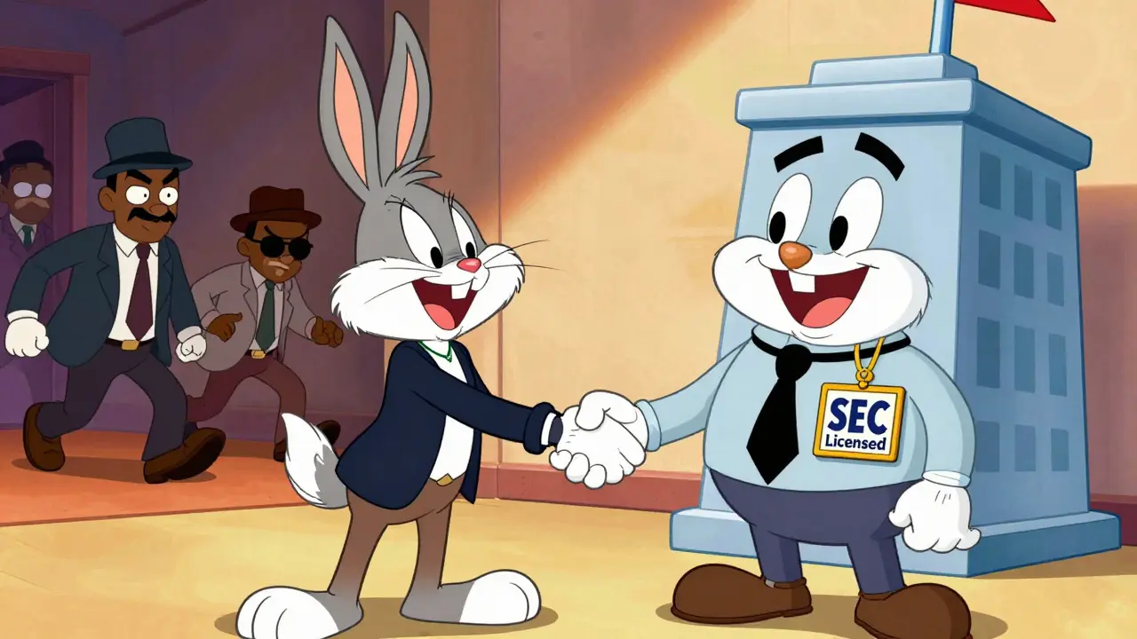 Investor shaking hands with SEC building character