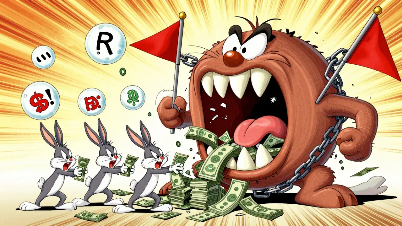 Monster eating money representing Ponzi scheme scam dynamics