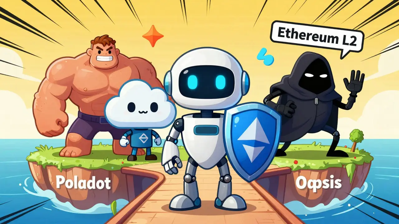 Phala robot leading a group of blockchain characters across a bridge to Ethereum.