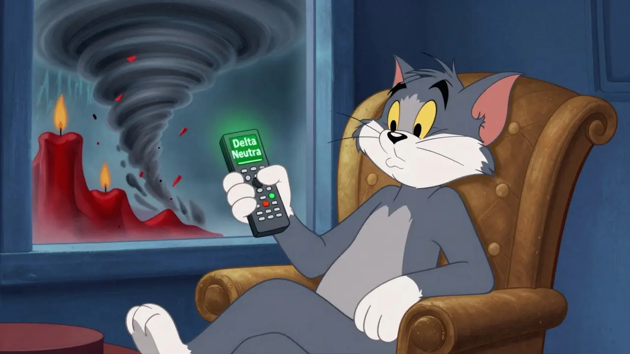 Relaxed cartoon investor protected from market volatility by delta-neutral strategy
