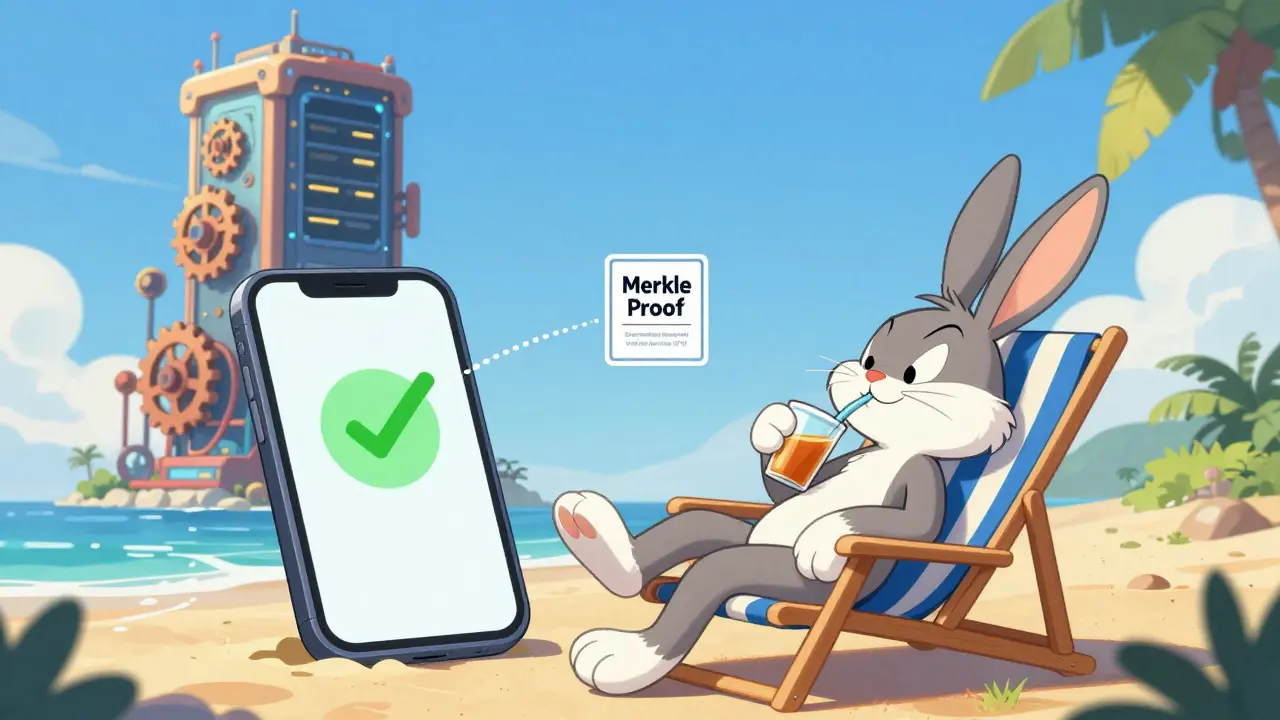 Relaxed cartoon rabbit verifying transaction on phone via Merkle proof