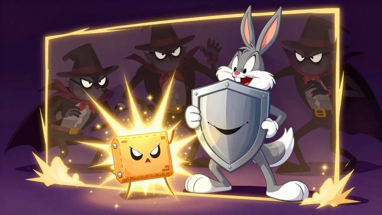 Shield character protecting data from sneaky villains in cartoon style