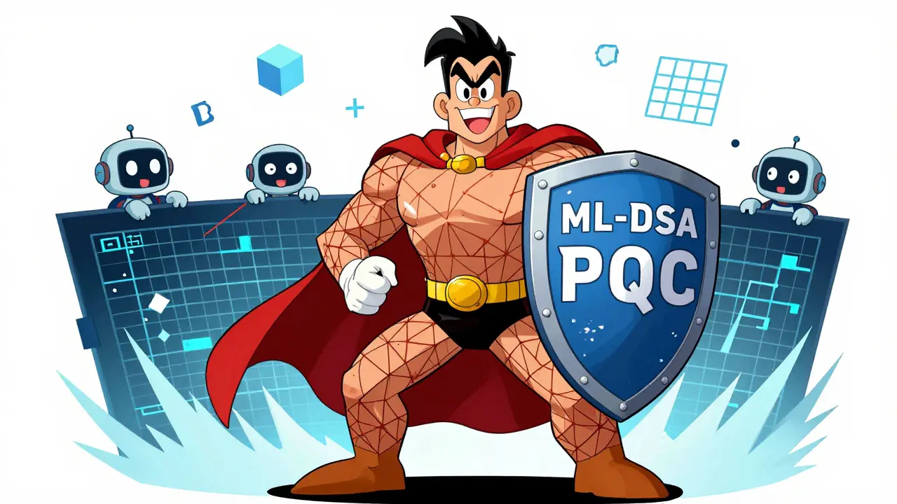 Superhero with PQC shield defending against quantum attacks in Looney Tunes style