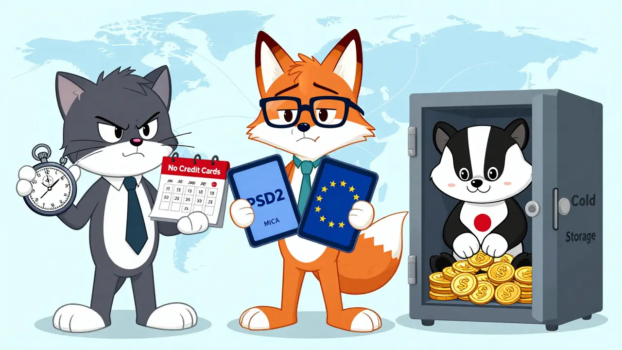 Three cartoon animals representing Singapore, EU, and Japan crypto regulations