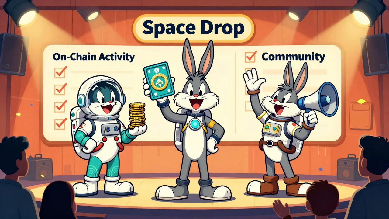 Three cartoon astronauts showcasing coins, NFTs, and community engagement on stage