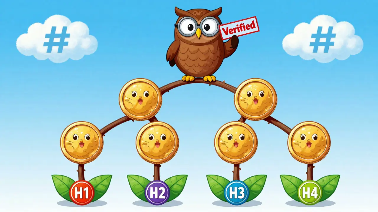 Upside-down cartoon tree where coins merge into a verified root node