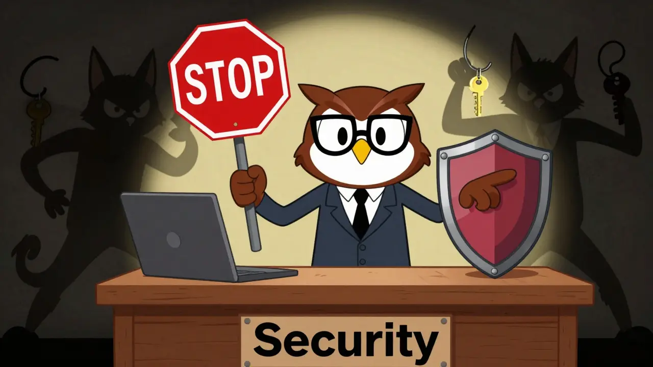 Wise owl blocking scams with security shield