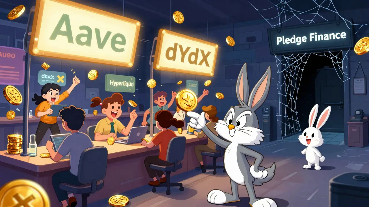 Wise owl guiding a rabbit toward active DeFi platforms like Aave and dYdX.