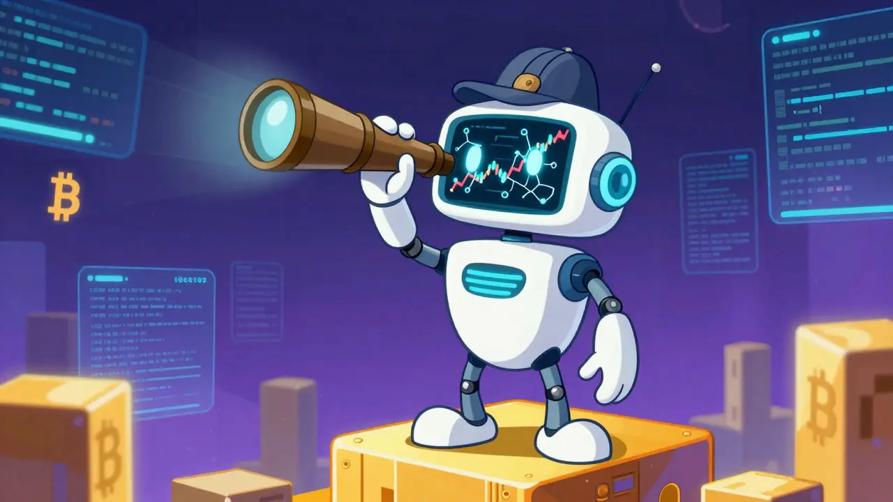 AI robot detective analyzing crypto charts on blockchain blocks, cartoon style