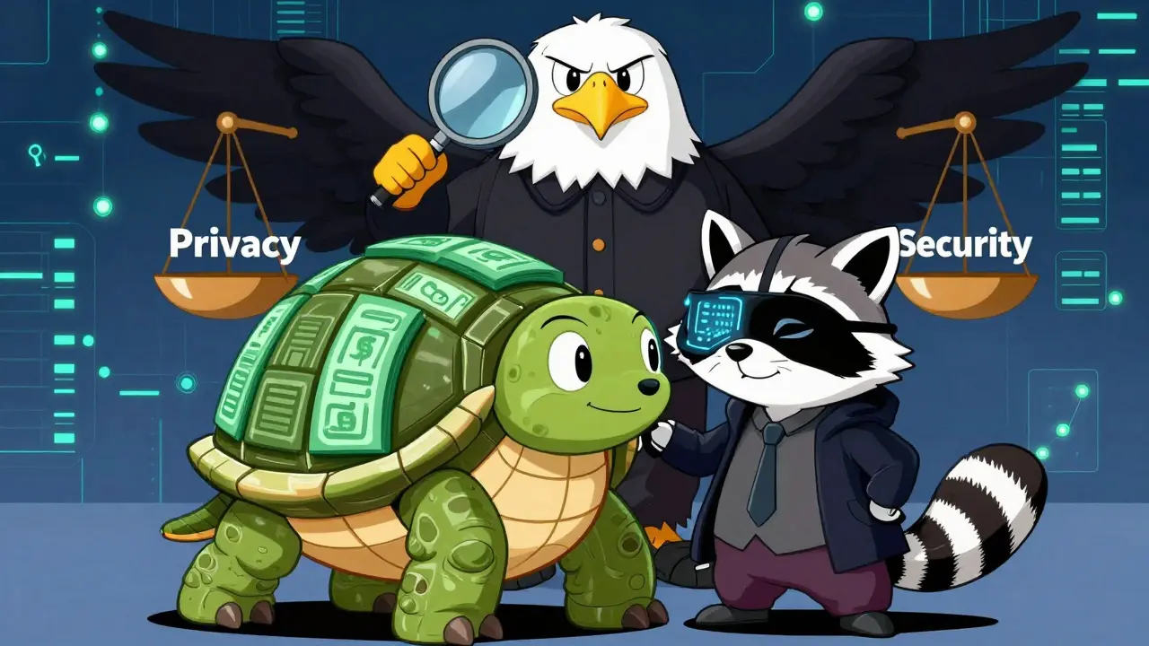 Animated figures debating privacy vs security in digital cash