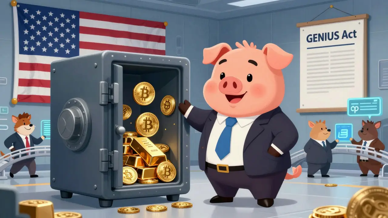 Business pig standing by a Bitcoin-filled vault under the protection of the GENIUS Act legislation
