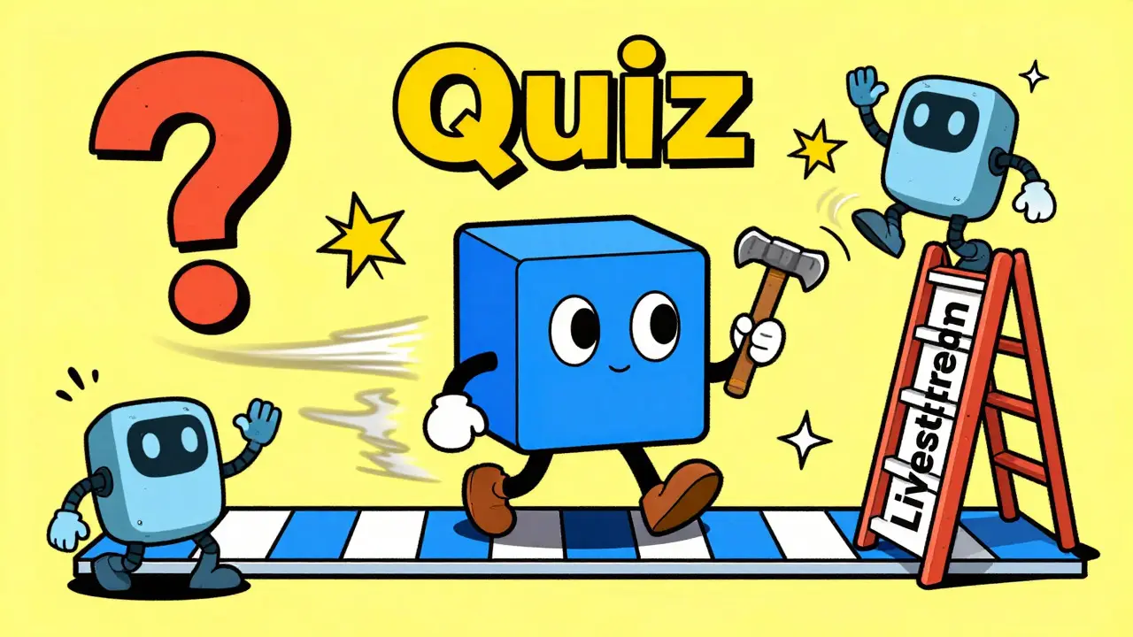 Cartoon character navigating quiz and livestream obstacles near a cubic NFT miner.