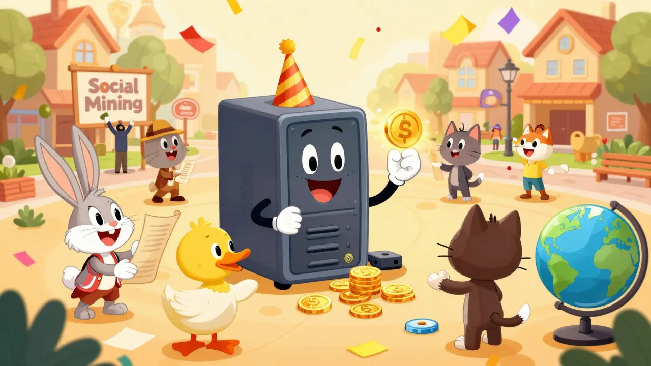 Cartoon characters earning tokens through social media and community tasks