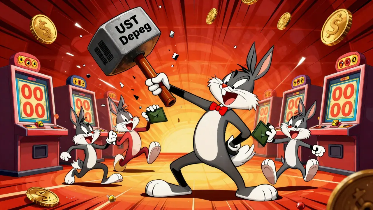 Cartoon characters panicking during coin collapse