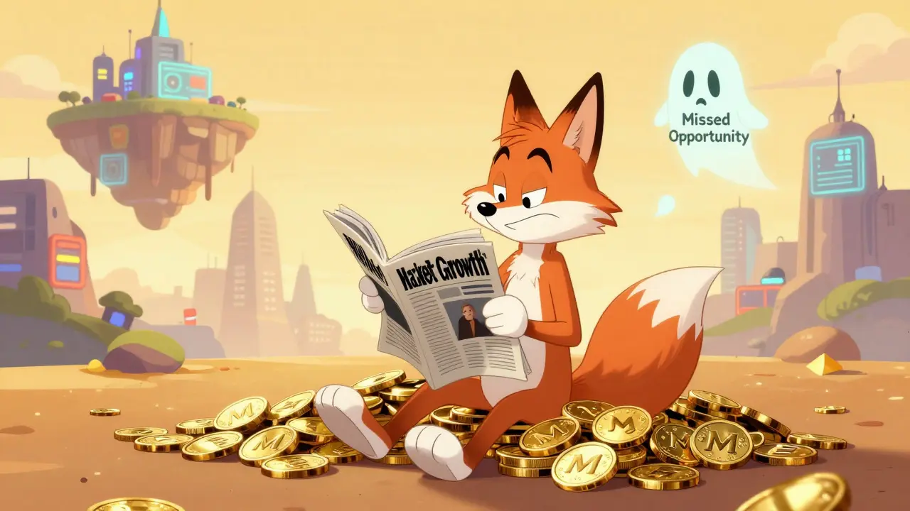 Cartoon fox relaxing on crypto tokens with a futuristic metaverse city in background.