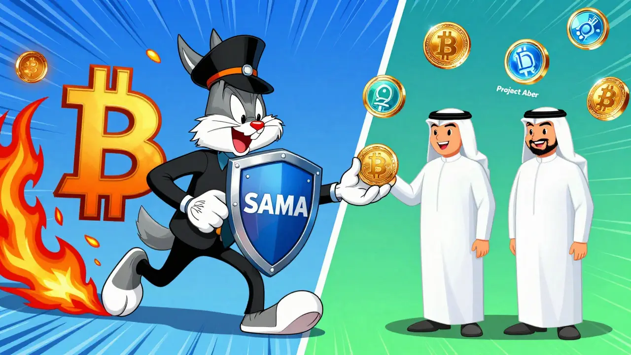 Cartoon showing banned crypto vs approved Project Aber digital currency