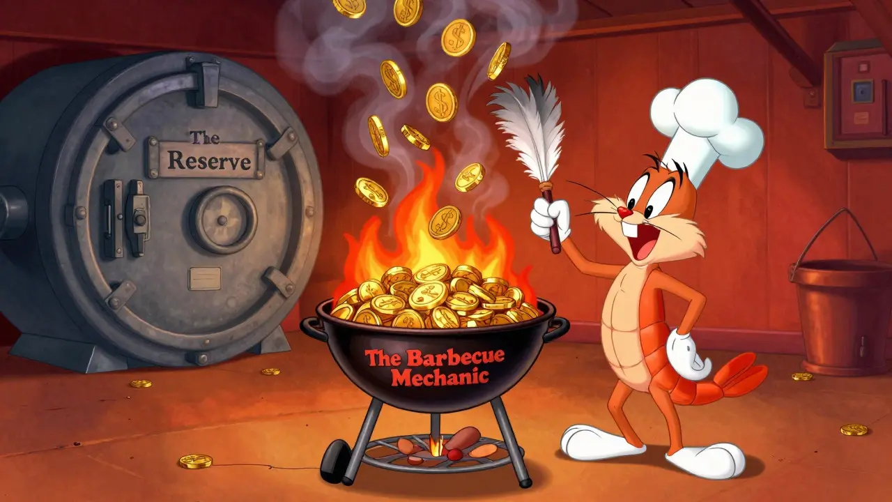 Cartoon shrimp burning tokens at a barbecue grill